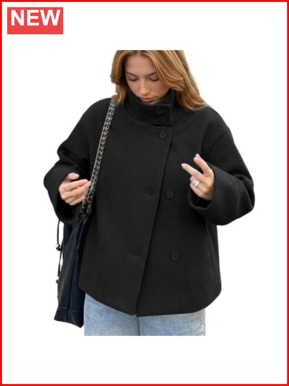 Wool Blend Cropped Pea Coat Stand Collar Long Sleeve Casual Jacket